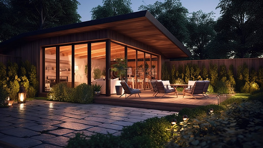 夏日室外背景图片_夜间带花园和室外休息室的木屋外部 3D 插图