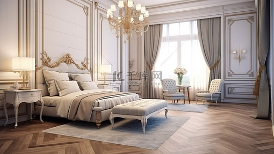 现代风格的古典设计 3D 渲染的豪华卧室内部