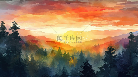 色彩缤纷的秋季森林景观的 3D 插图，带有抽象水彩画和上面温暖的日落景观
