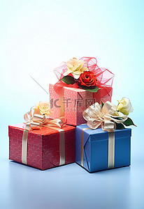 三个色彩缤纷的礼品盒，里面装有一束鲜花