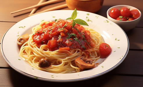 西红柿png背景图片_一个白盘，配意大利面酱蘑菇和西红柿