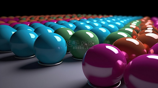 蓝色背景 3D 渲染上充满活力的球体阵列中的电池
