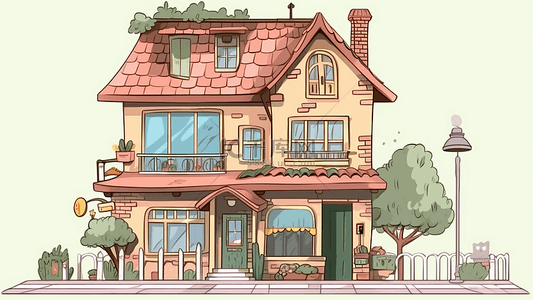 卡通房子双层房子红色屋檐背景