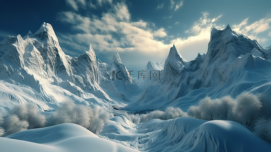 下雪的星空背景图片_以雄伟的雪山为特色的超现实 3D 风景