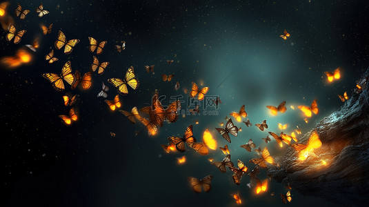 黑色闪光背景背景图片_一群蝴蝶在天渊中翱翔，点缀着金色颗粒 3D 渲染