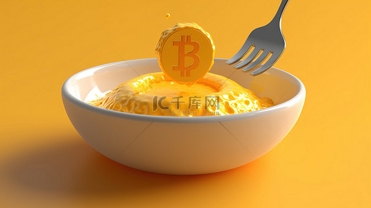 3D 插图中的加密货币阳光面比特币蛋黄早餐