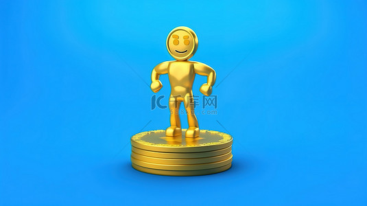 卡通金色背景背景图片_蓝色健身追踪器的 3D 渲染，其佩戴角色吉祥物，在黄色背景上持有金色忠诚计划奖金硬币