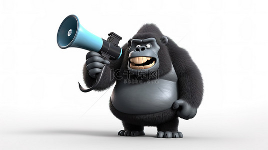 交流竖图背景图片_搞笑的 3D 胖乎乎的大猩猩实体抓着迷你电视并通过扬声器进行交流