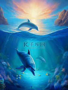 蓝色大海卡通背景图片_海豚海面海底世界卡通广告背景