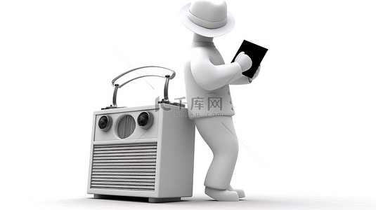 怀旧人物背景图片_白色背景下 3D 人物手持的古董收音机