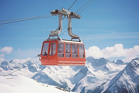 白雪覆盖的山峰上的红色滑雪缆车
