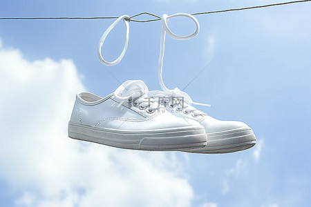 白色运动鞋挂在天空的绳子上