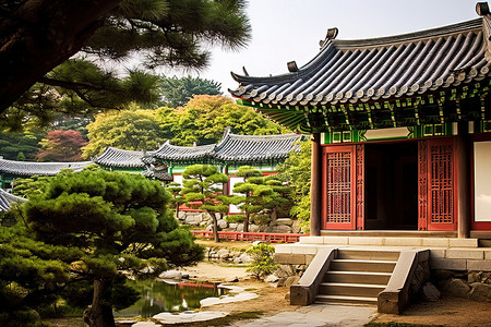 钟花背景图片_亚洲花园中的一扇绿色门
