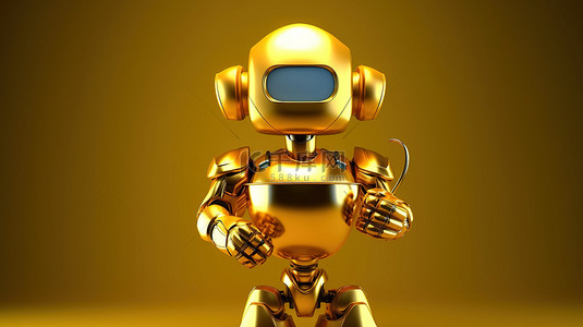 手持金色奖杯的机器人人物象征着领导力和技术进步