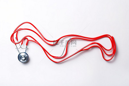 红色听诊器在白色背景上制作心电图线
