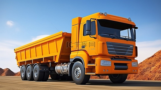 背景可商用背景图片_宽敞的橙色卡车的 3D 渲染，带有可拆卸的拖车，用于运输农业和建筑用品