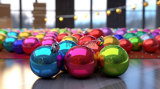 装饰有球和 3D 渲染礼物的圣诞树