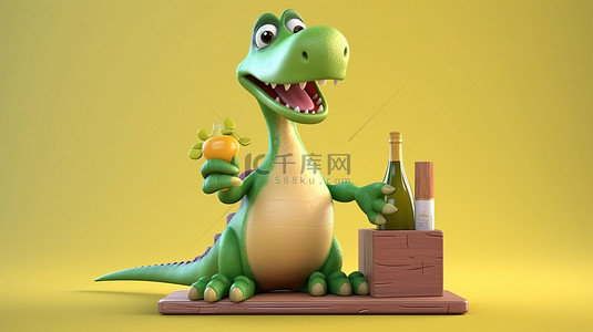 搞笑的 3D 恐龙举着牌子，端着酒