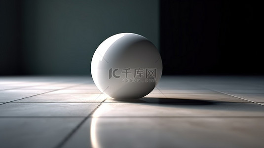 背景具有阴影地板和悬浮在半空中的 3D 渲染白色球体