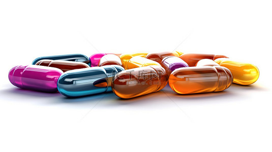 彩色长形片剂的独立 3D 插图，非常适合医疗保健药物和健身补充剂