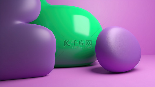 粉红色背景社交媒体对话 3d 图形上的极简主义紫色和绿色聊天气泡