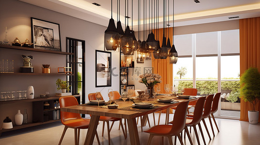 餐厅的室内设计灵感以悬挂灯和架子的 3D 插图为特色