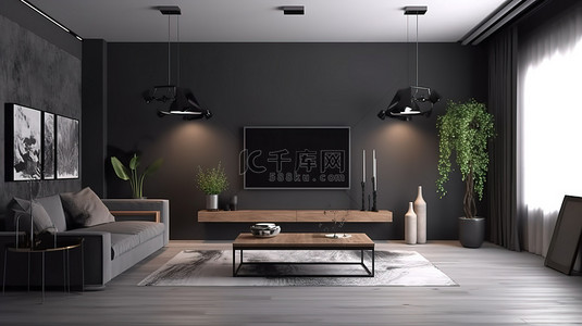 灰色电视柜背景图片_带沙发和悬浮电视屏幕的现代客厅灰色墙壁 3d 渲染