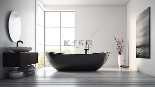 椭圆形的东西背景图片_现代浴室配有令人惊叹的椭圆形浴缸和镶木地板上的黑色水龙头 3D 渲染
