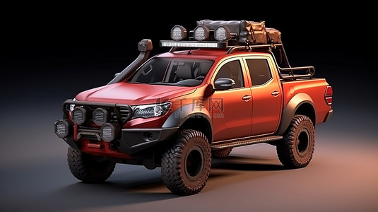 宽敞的红​​色越野皮卡车的 3D 插图，非常适合乡村探险和短途旅行