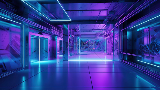 紫色几何渐变科技背景图片_3d 渲染中的赛博朋克主题紫色和蓝色抽象房间背景