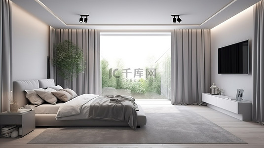 现代白色注入卧室与电视柜和别致的灰色窗帘 3d 渲染设计
