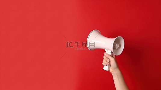 人拿喇叭背景图片_手持白色扩音器的红色背景的 3D 渲染