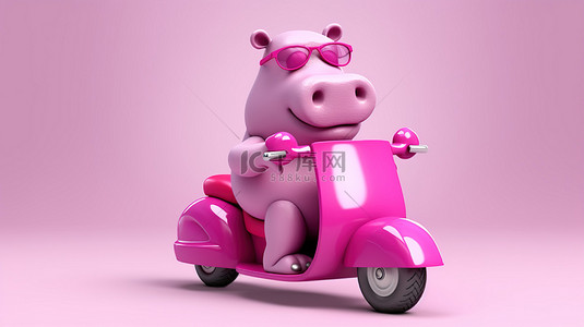 卡通哺乳动物背景图片_一只傻乎乎的粉色河马骑着一辆活泼的滑板车