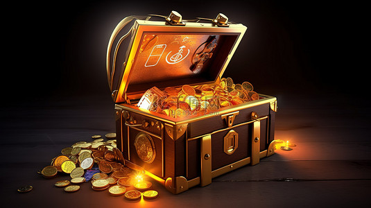 宝箱卡通背景图片_从开放宝箱中出现的卡通加密货币新硬币的 3D 渲染