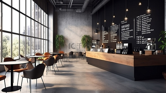 带样机横幅和菜单的咖啡店休息室建筑设计的 3D 插图