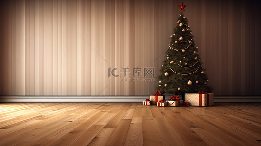 3D 渲染节日圣诞树和废弃房间木板上的礼物
