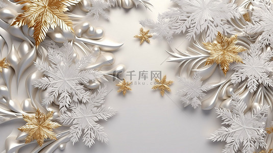 3D 圣诞节插图，节日横幅背景上有精致的白色雪花