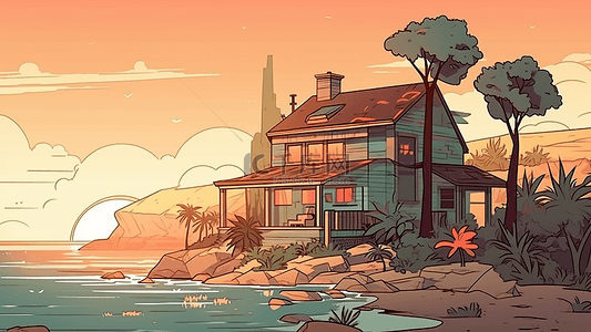 卡通房子海边风景插图