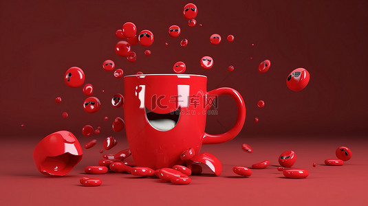 4个表情背景图片_pinterest 标志在一个红色杯子前面有两个红色别针，杯子里装满了令人惊叹的 3D 渲染中掉落的表情符号