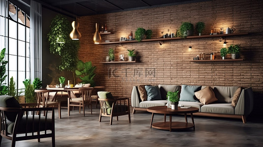 咖啡店或餐厅舒适休息室空间的 3D 渲染