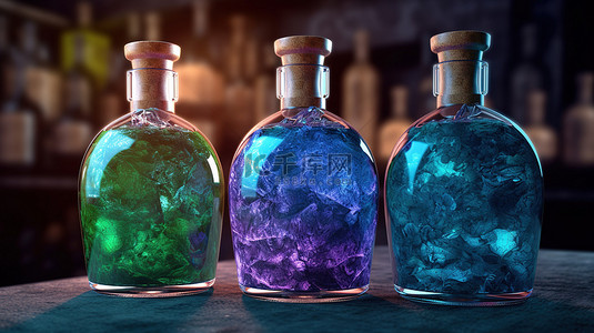 带软木塞的玻璃瓶的 3D 插图，其中含有蓝绿色和紫色药水