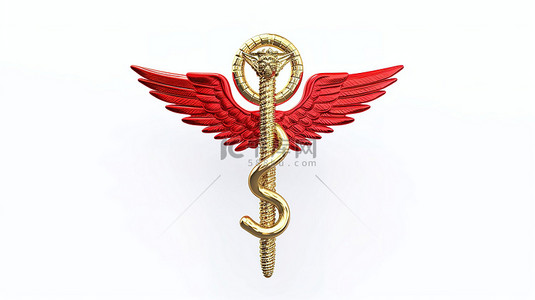 红色医疗背景背景图片_白色背景展示 3D 渲染的红色医疗杖标志
