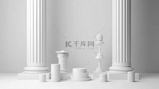 白色背景模型场景中带有柱子和讲台的产品展示的 3D 渲染