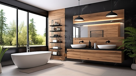现代浴室的 3D 渲染具有木纹陶瓷效果和令人惊叹的照明概念