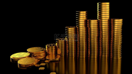 条形图的 3D 渲染，通过一堆金币展示企业的财务增长