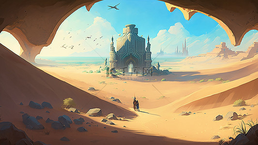 卡通沙漠建筑背景图片_游戏建筑物沙漠