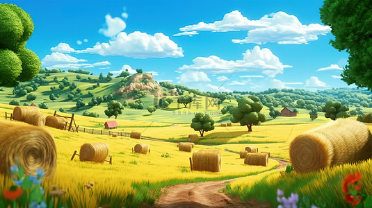 卡通树山背景图片_迷人的乡村场景与 3D 创建的卡通丰收