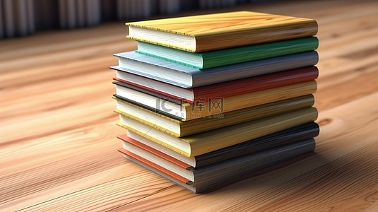 木制背景上堆叠书籍的 3d 渲染