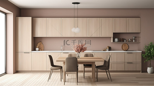 厨房柜背景背景图片_时尚的餐厅设计，配有米色餐桌套装和现代厨柜 3D 视觉效果