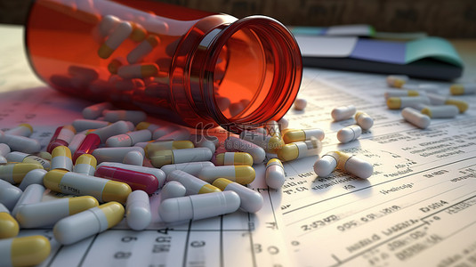 健康报告背景图片_3d rx 与片剂和一瓶药物